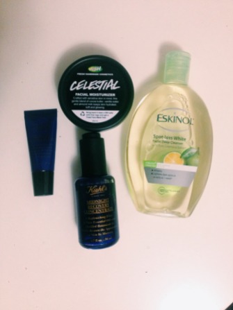 LUSH Celestial moisturizer (top left), Eskinol facial cleanser (right), Kiehl's Midnight Concentrate facial oil (bottom) and eye concentrate (leftmost).